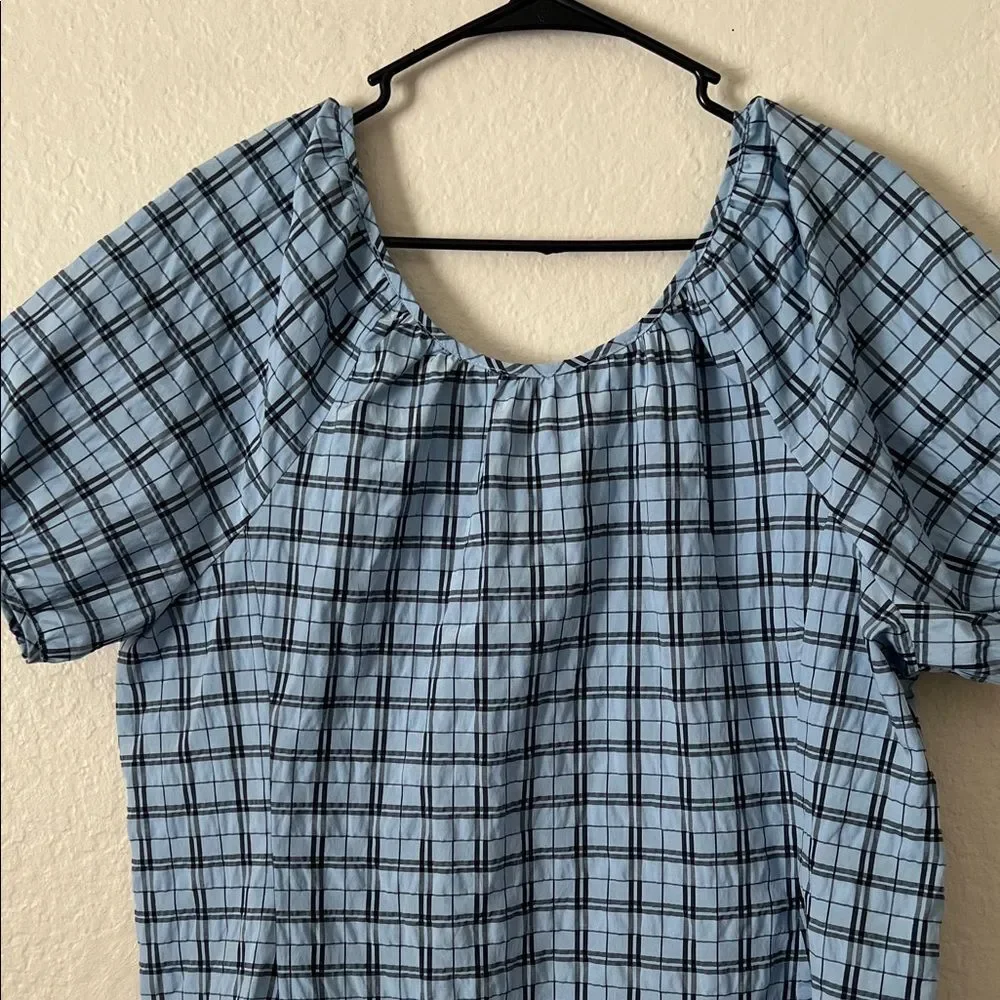 Like New! J Crew V-back Puff-Sleeve Blouse Textured Plaid Blue Mist Navy in 16
